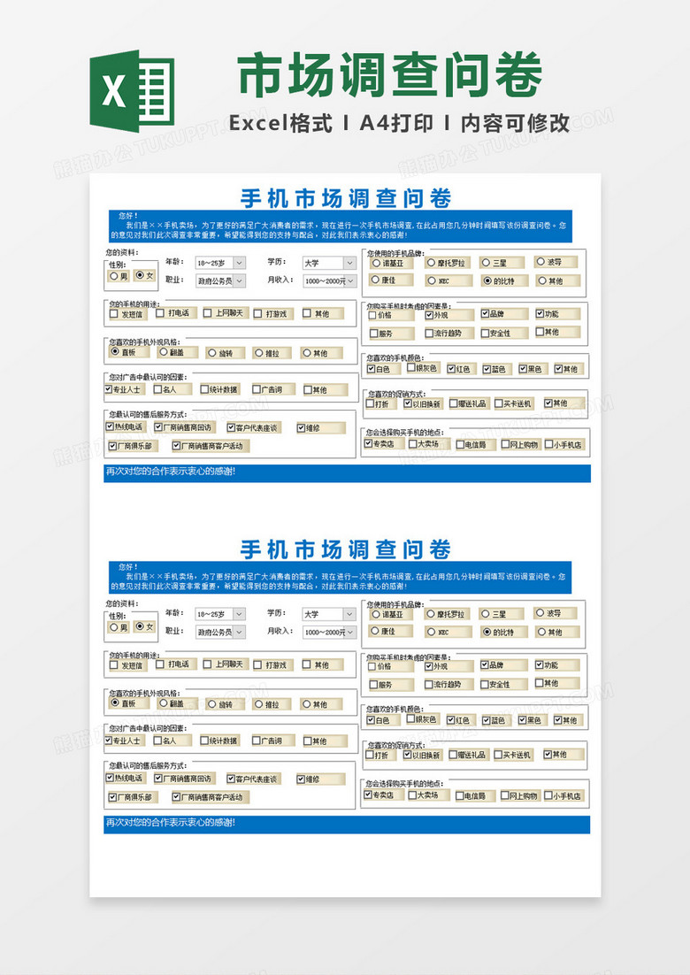 蓝色简约手机市场调查问卷Excel模板