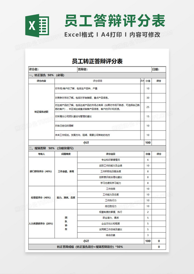 员工转正答辩评分表execl模板