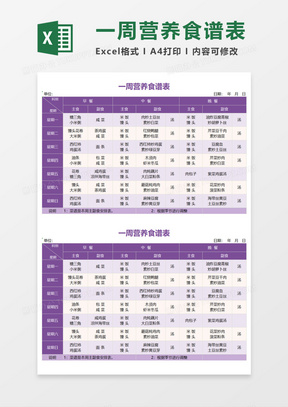 一周营养食谱表Execl模板