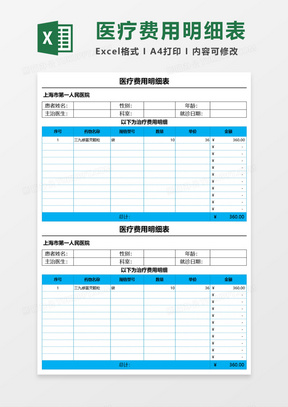 医疗费用明细表Execl模板