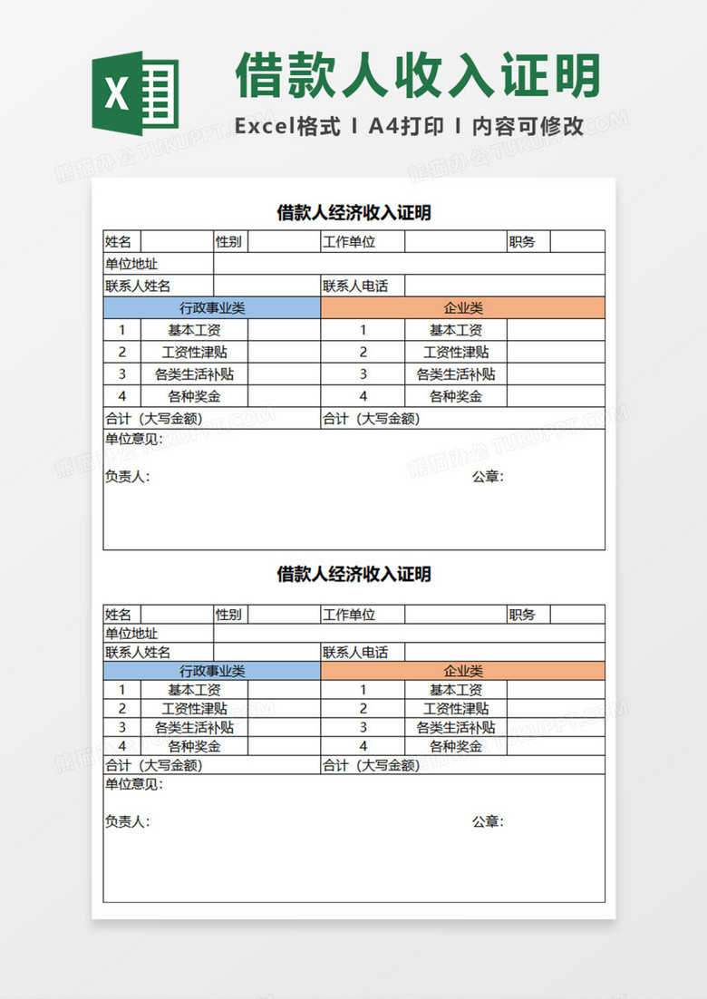 借款人经济收入证明execl模板