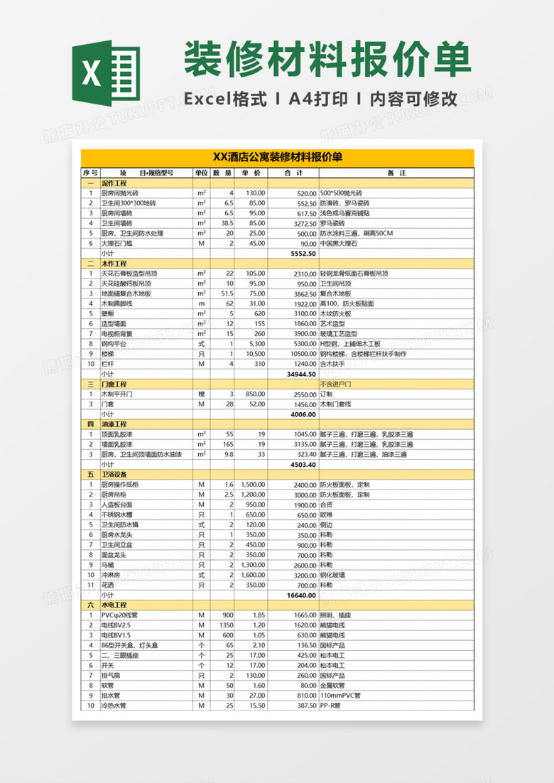 酒店公寓装修材料报价单Execl模板