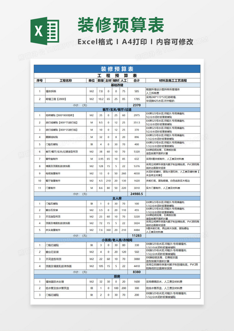 装修预算表Execl模板