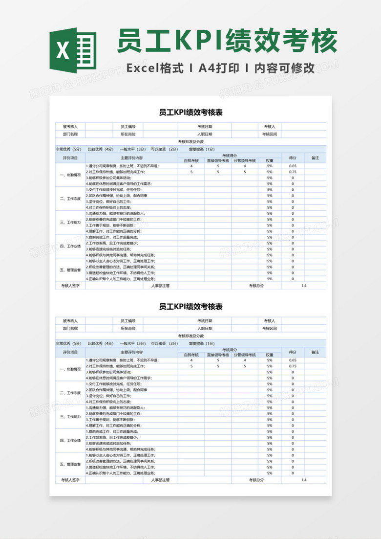 实用公司员工绩效考核表Excel模板