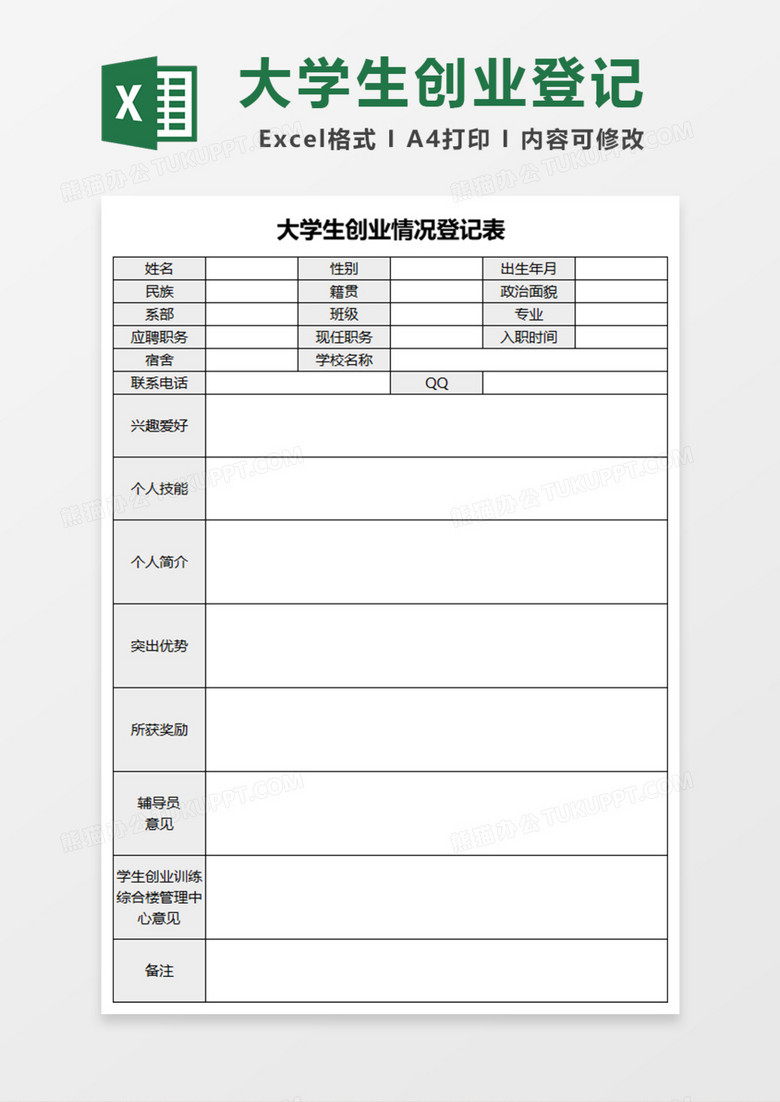 大学生创业情况登记表Excel模板