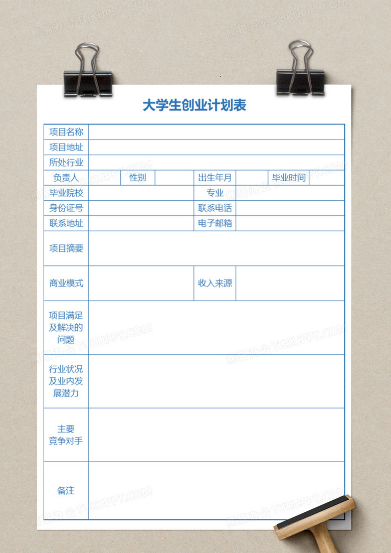 大学生创业计划表Excel模板no.2
