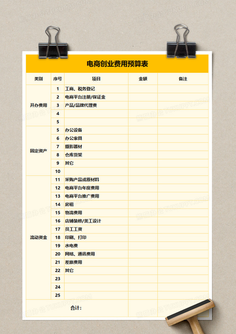 电商创业费用预算表excel模板下载 费用 熊猫办公 电商创业费用预算表excel模板下载 费用 熊猫办公