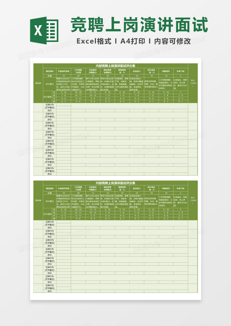 内部竞聘上岗演讲面试评分表Excel模板
