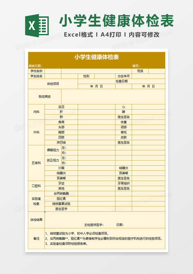 学校小学生健康体检表excel模板