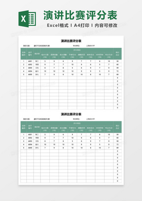 演讲比赛评分表Excel模板