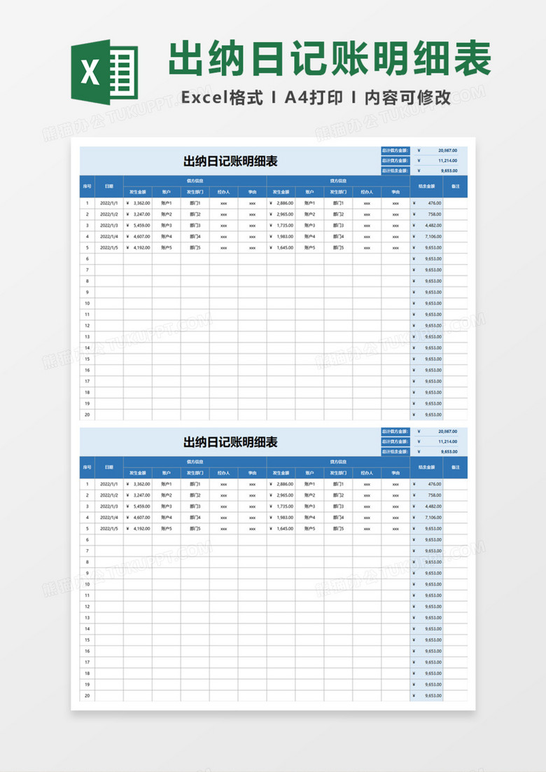 出纳日记账明细表Excel模板