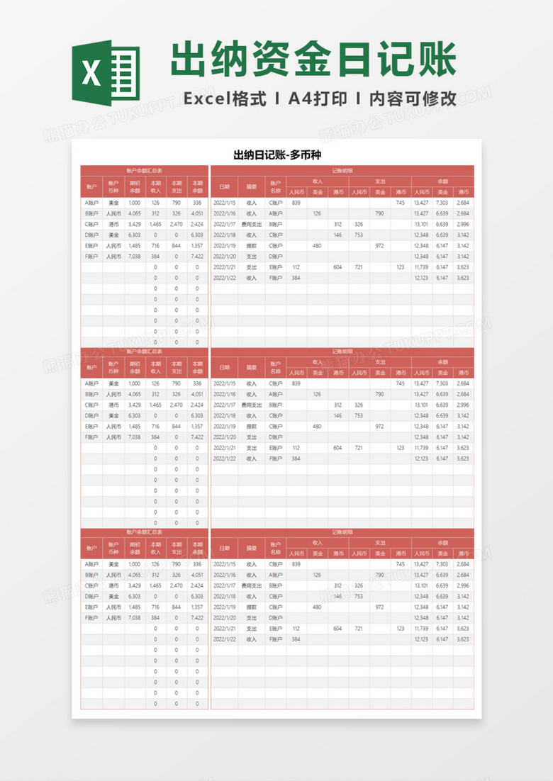 出纳日记账多币种Excel模板