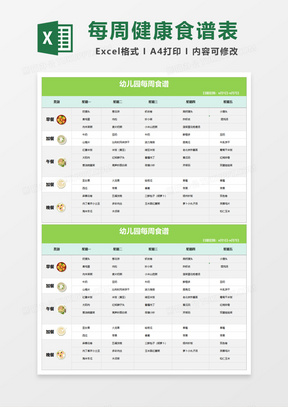 幼儿园每周食谱Excel模板