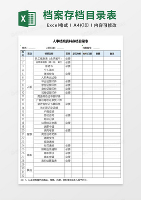 人事档案资料存档目录表Excel模板