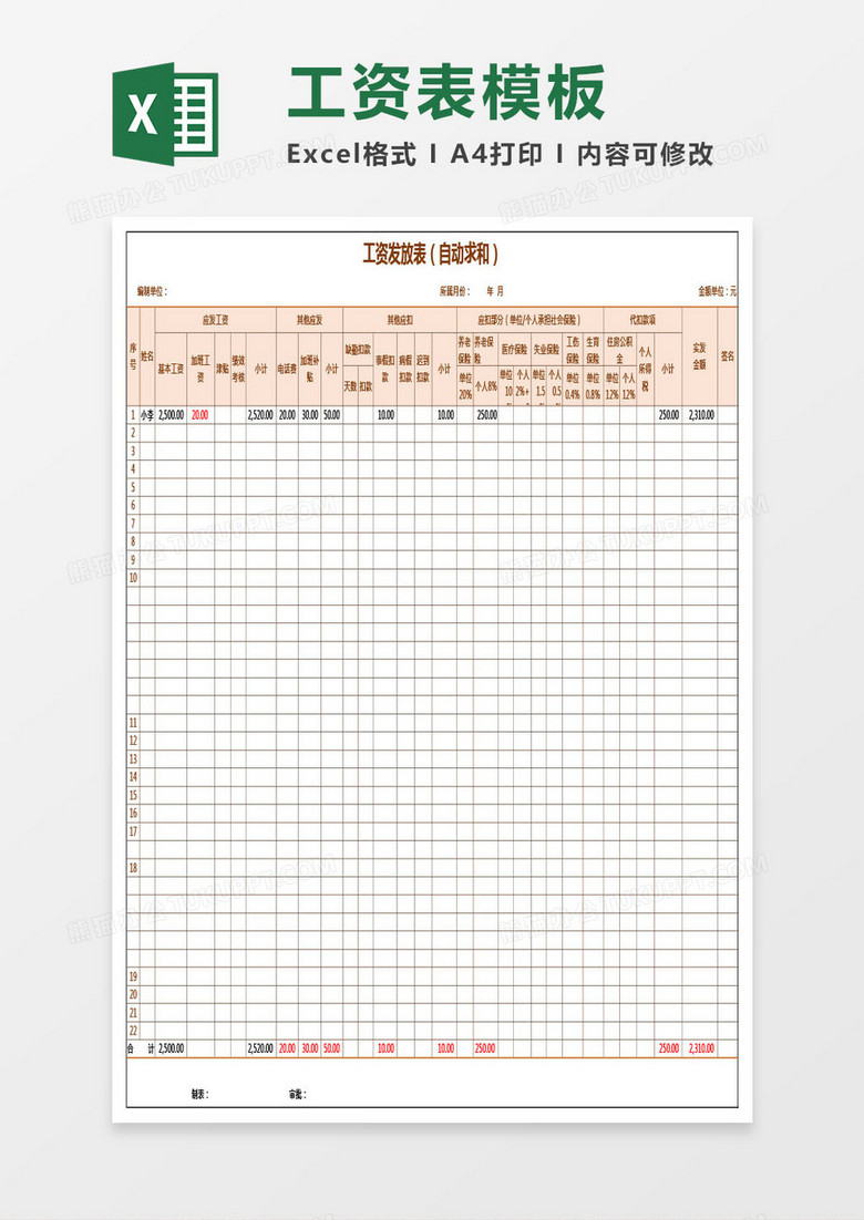 工资表模板Excel表