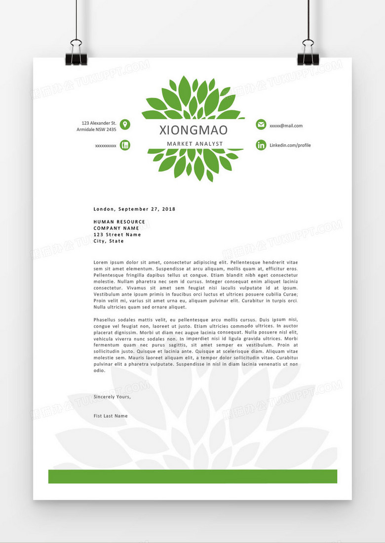 绿色清新英文求职简历格式模板