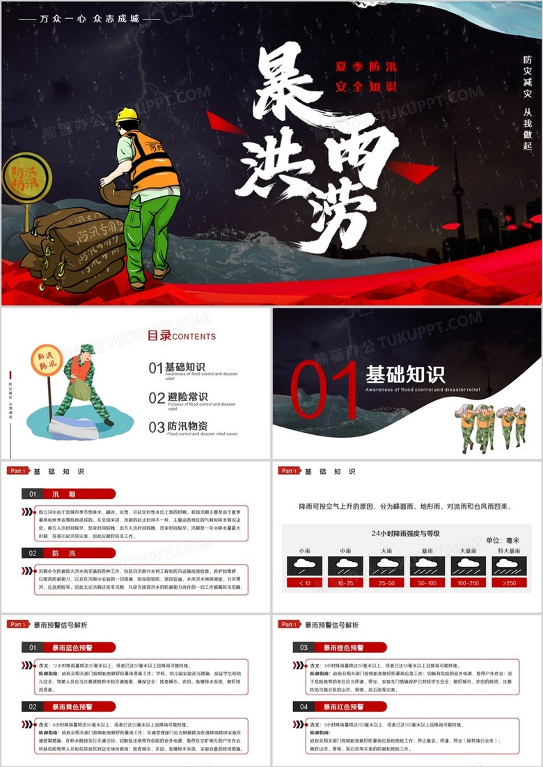 红色简约风夏季防汛安全知识培训PPT模板