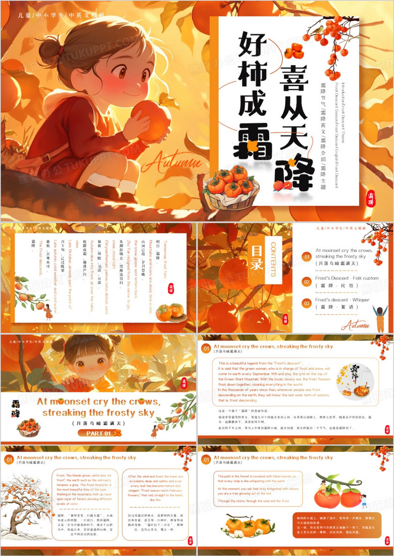 橙色插画风传统节气之霜降英文介绍PPT模板