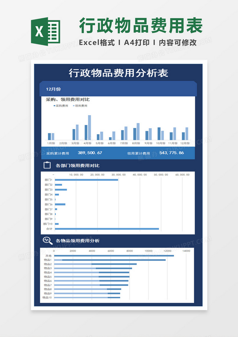 蓝色商务行政物品费用明细表