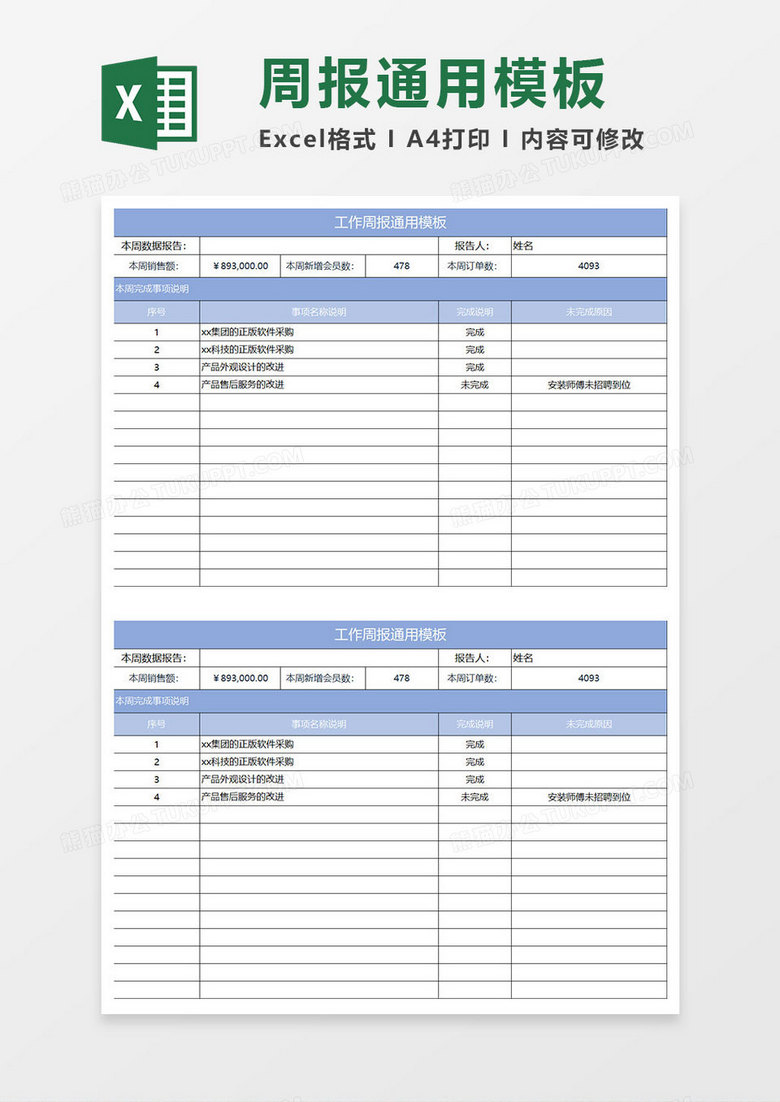 淡蓝简约工作周报通用模板