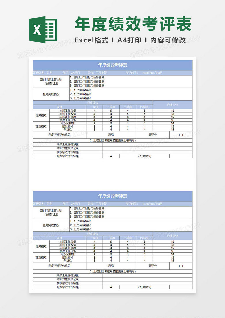 淡蓝简约年度绩效考评表