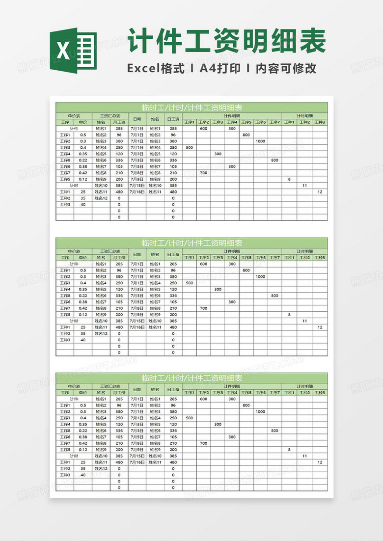 淡绿简约计件工资明细表