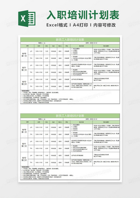 绿色简约新员工入职培训计划表