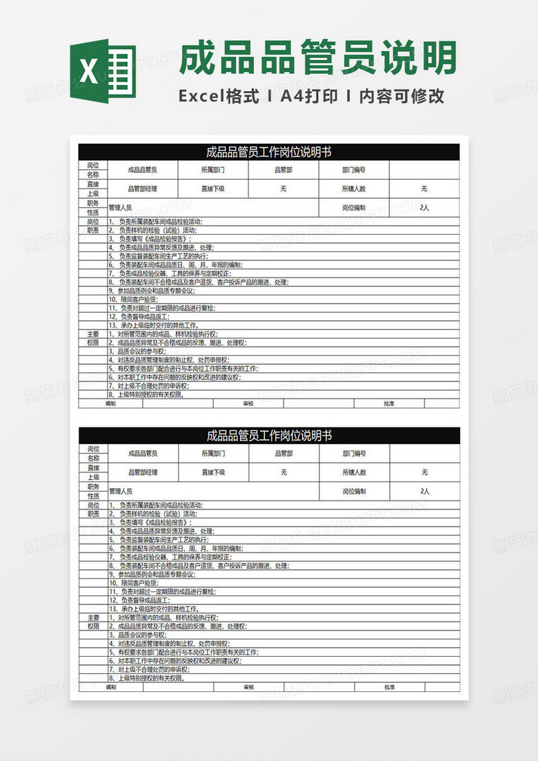 黑色简约成品品管员工作岗位说明书