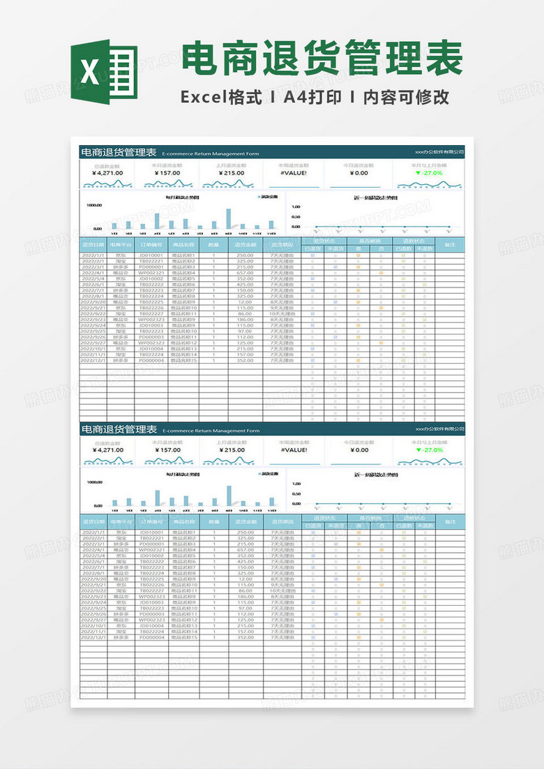 水绿色简约电商退货管理表