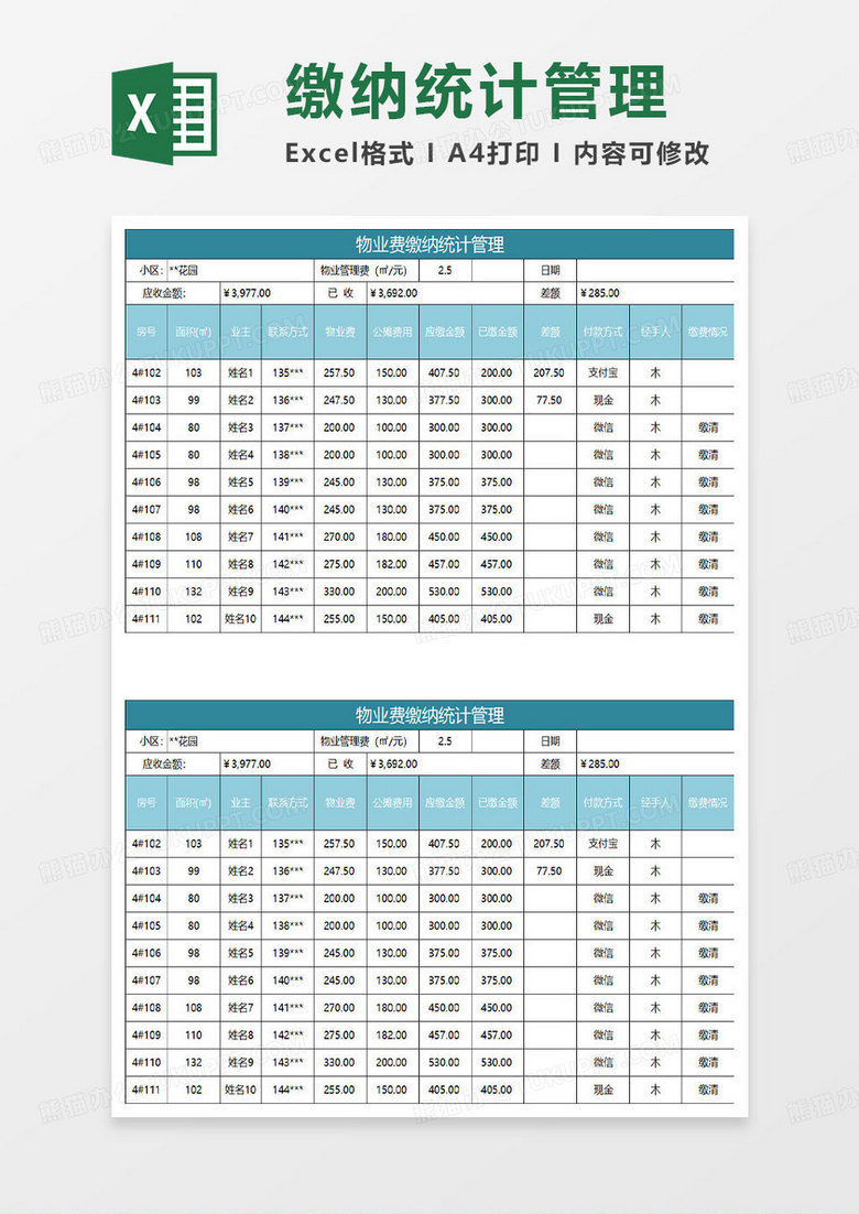 水绿色简约物业费缴纳统计管理