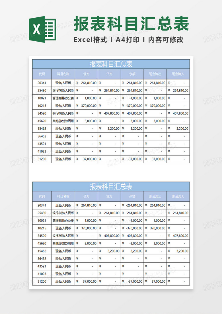 淡蓝简约报表科目汇总表