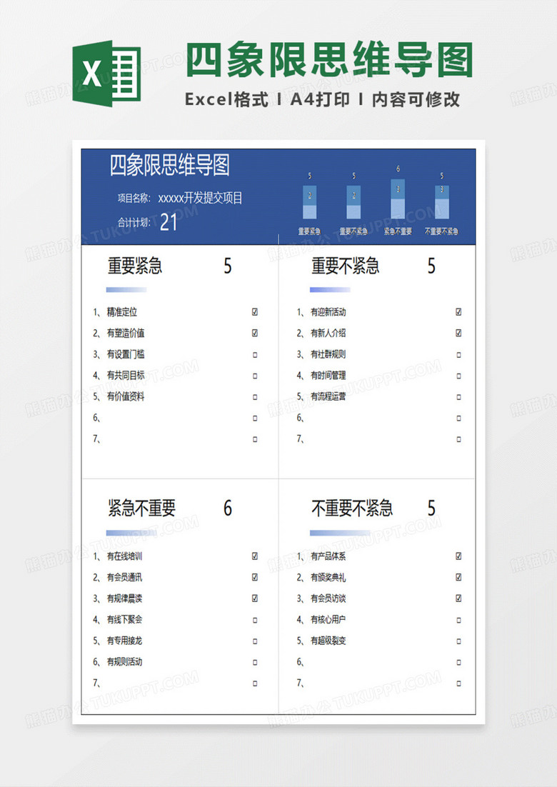 蓝色简约四象限思维导图