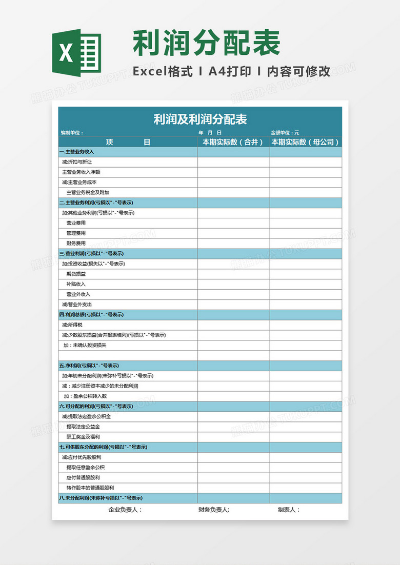 企业利润及利润分配表模板Execl表格