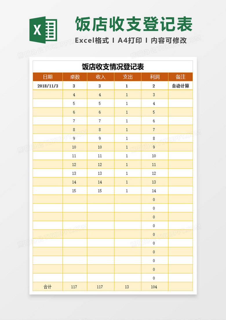 饭店收支情况登记表EXECL模板 