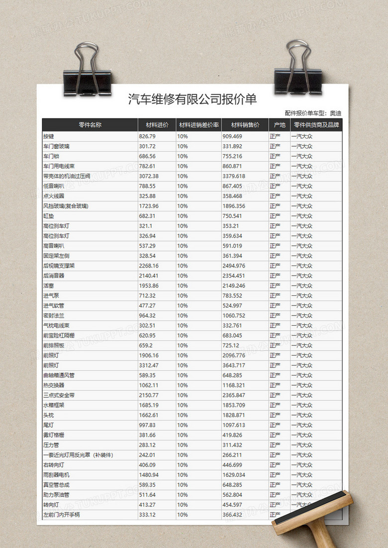 汽车维修有限公司报价单excel模板下载 熊猫办公