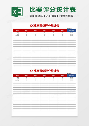 比赛晋级评分统计表Execl模板