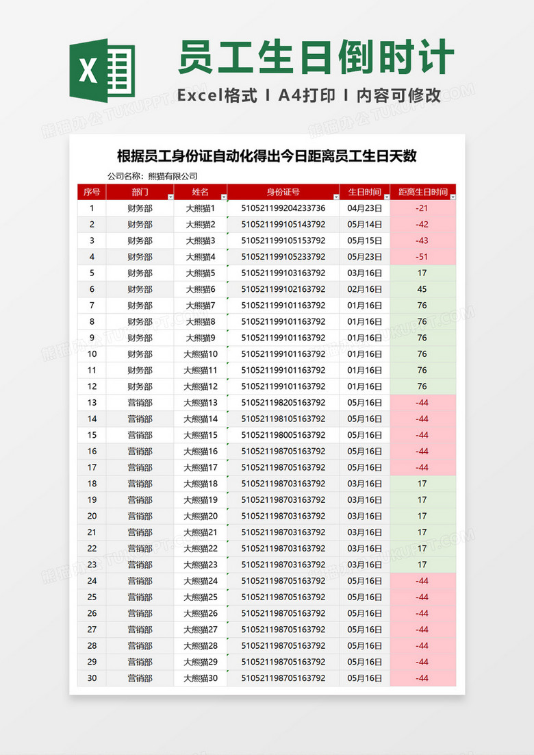 员工生日倒时计Excel模板