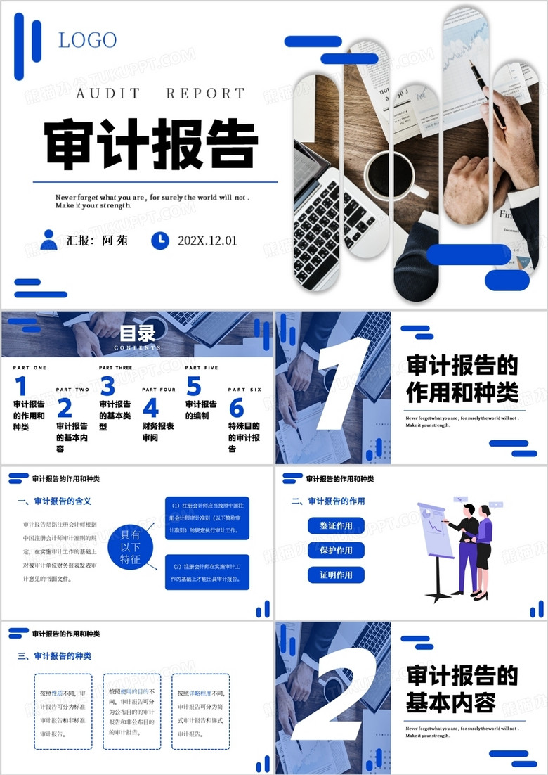 蓝色商务风审计报告企业培训PPT模板