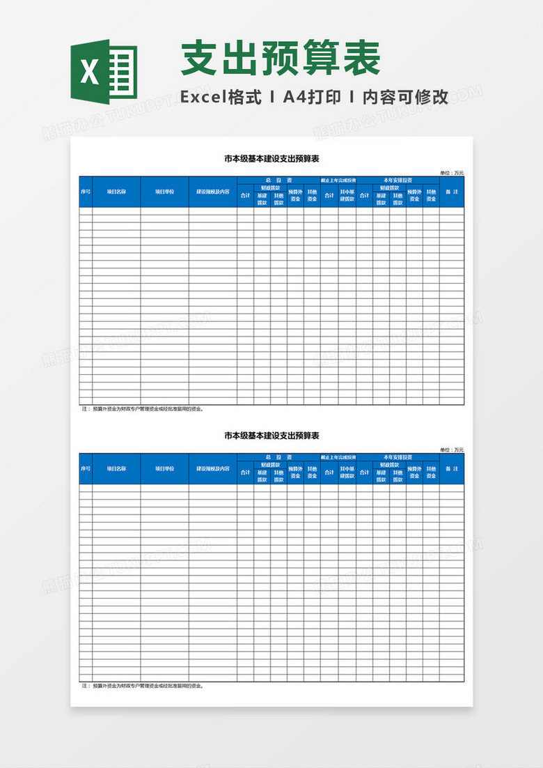 市本级基本建设支出预算表Excel模板