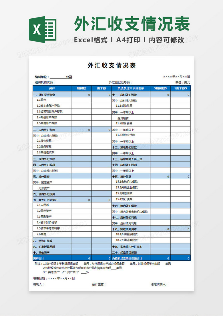 外汇收支情况表Excel模板