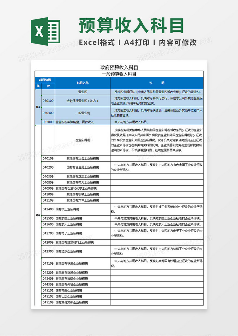 政府预算收入科目Excel模板
