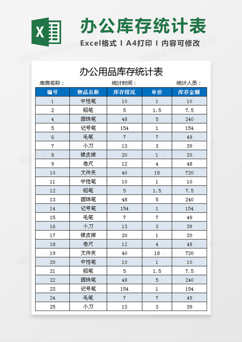 办公用品库存统计表模板