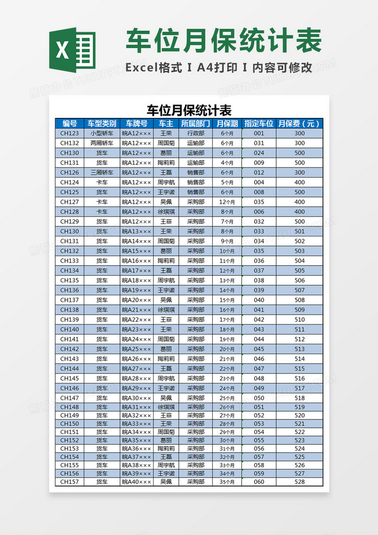 车位月保统计表Excel模板