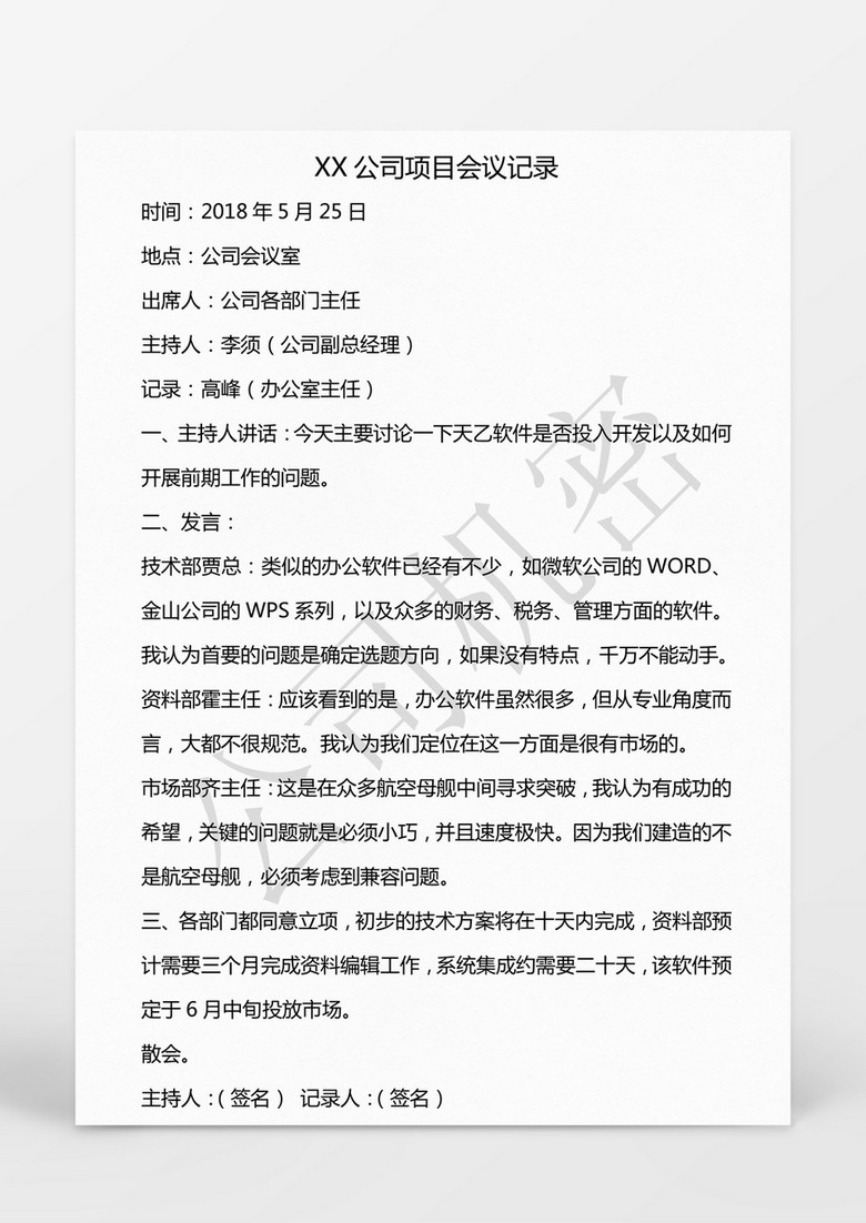 某某公司项目会议记录