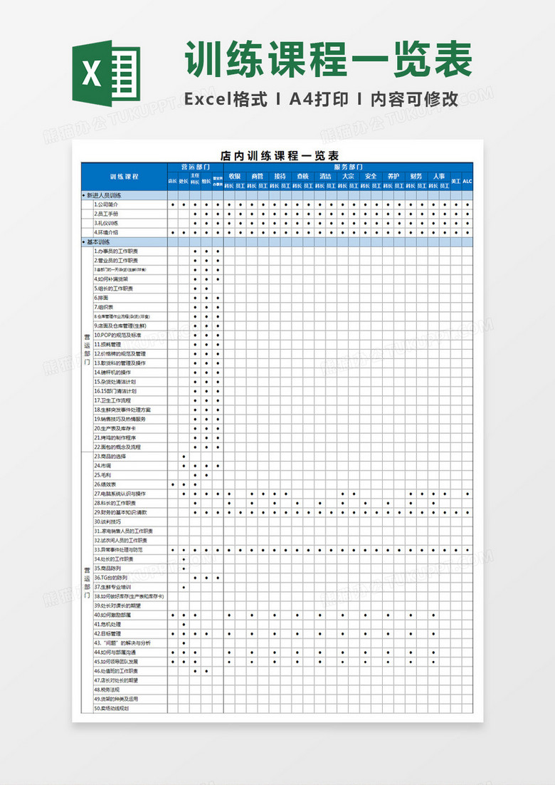 店内训练课程一览表Excel模板
