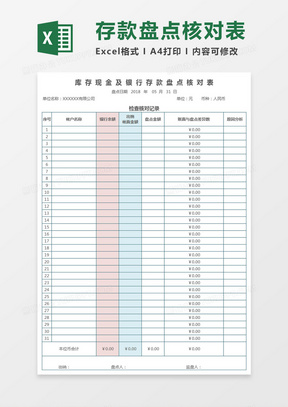 库存现金及银行存款盘点核对表Excel模板