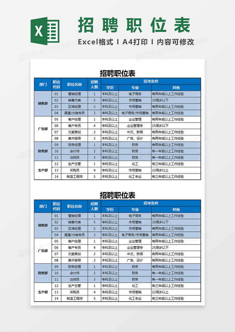 招聘职位表Excel模板