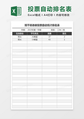 班干部选举投票自动统计排名表excel模板