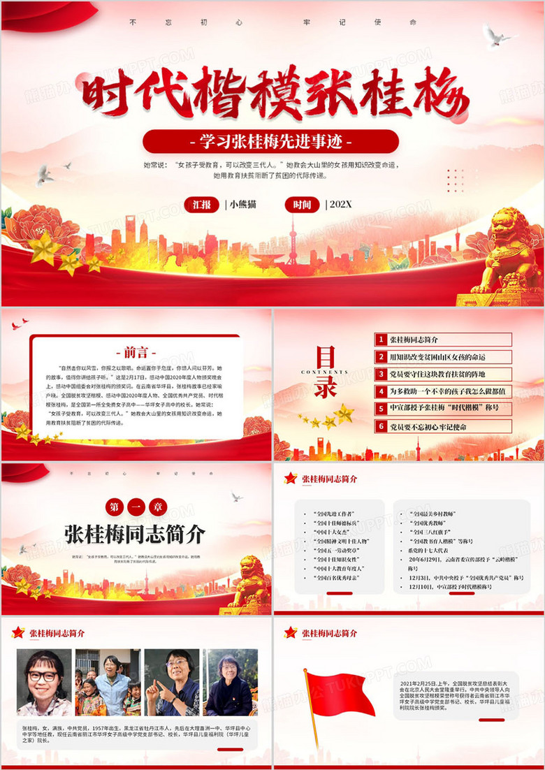 红色简约风学习张桂梅先进事迹PPT模板