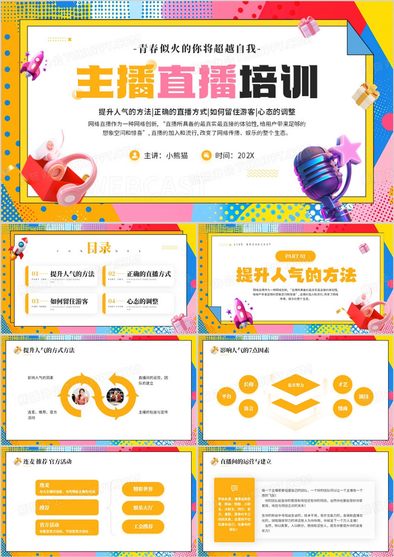 黄色孟菲斯主播直播培训PPT模板